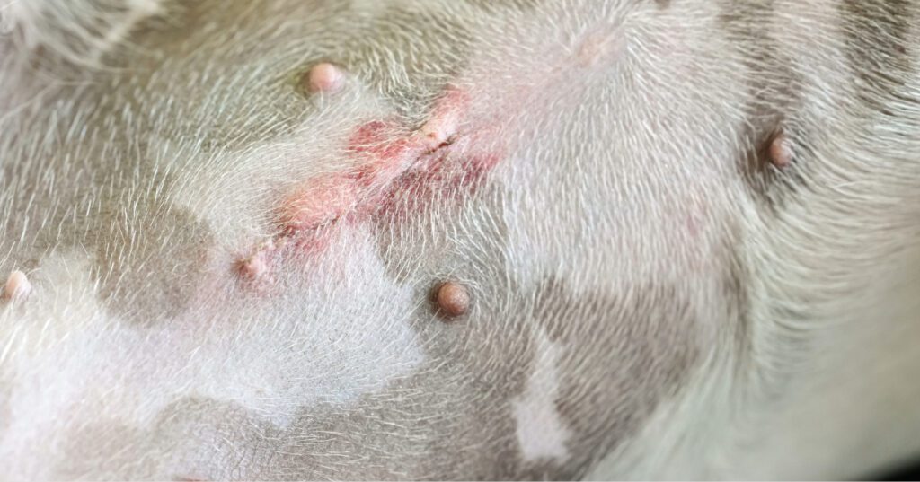 close up of dog's healing spay incision on abdomen